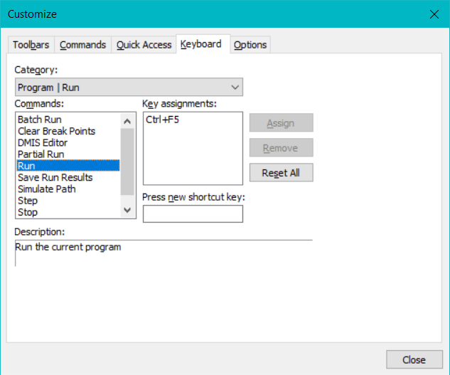 CMM-Manager Keyboard shortcuts