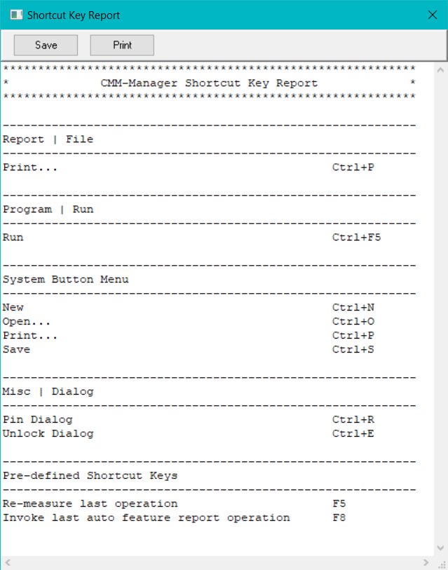 CMM-Manager Keyboard shortcuts Report